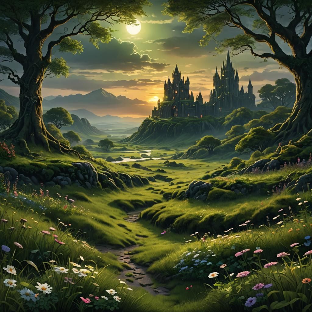 Fantasy Celtic Kingdom at Dark Sunset