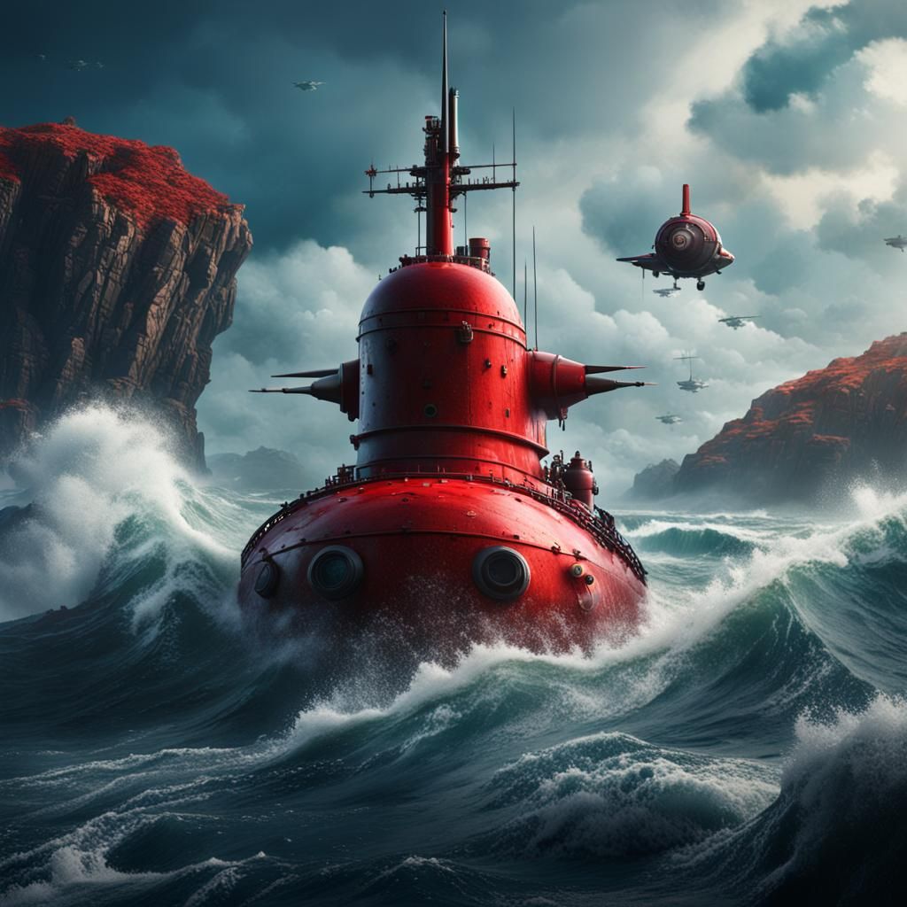Submarine Ascends from Sea Toward Red Shore: Fantasy Art
