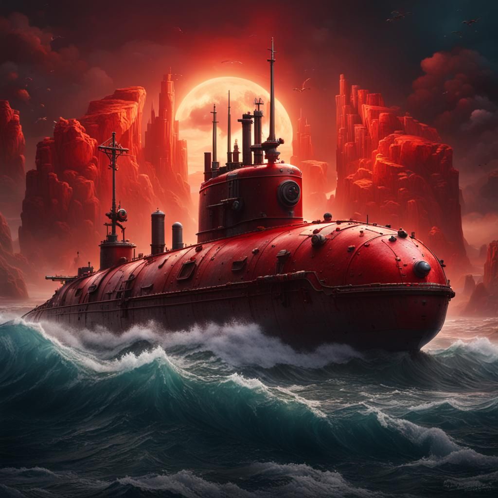 Submarine Flies Above Red Shore: Detailed Matte Painting