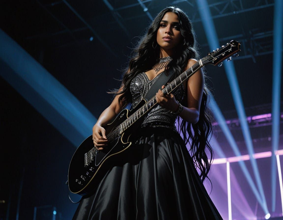 Dominican Woman with Guitar on Stage in Hyperrealistic Photo