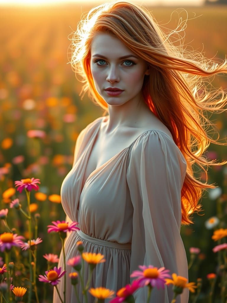 Redhead in Wildflower Field: Cinematic Photography