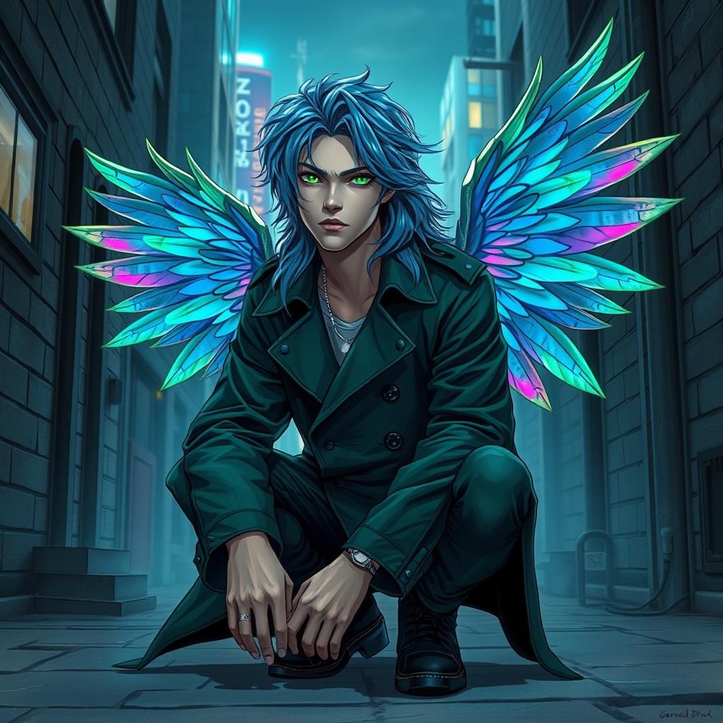 Young Man with Wings in Grungy Alley, in Dark Fantasy Style