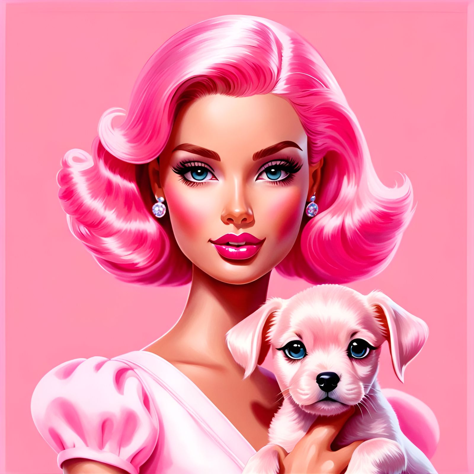 Pink Barbie Doll Portrait in Watercolor Style