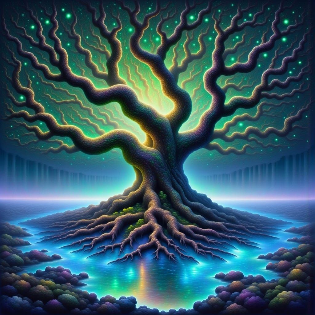 imagine a bioluminescent mangrove tree, its roots glowing wi...