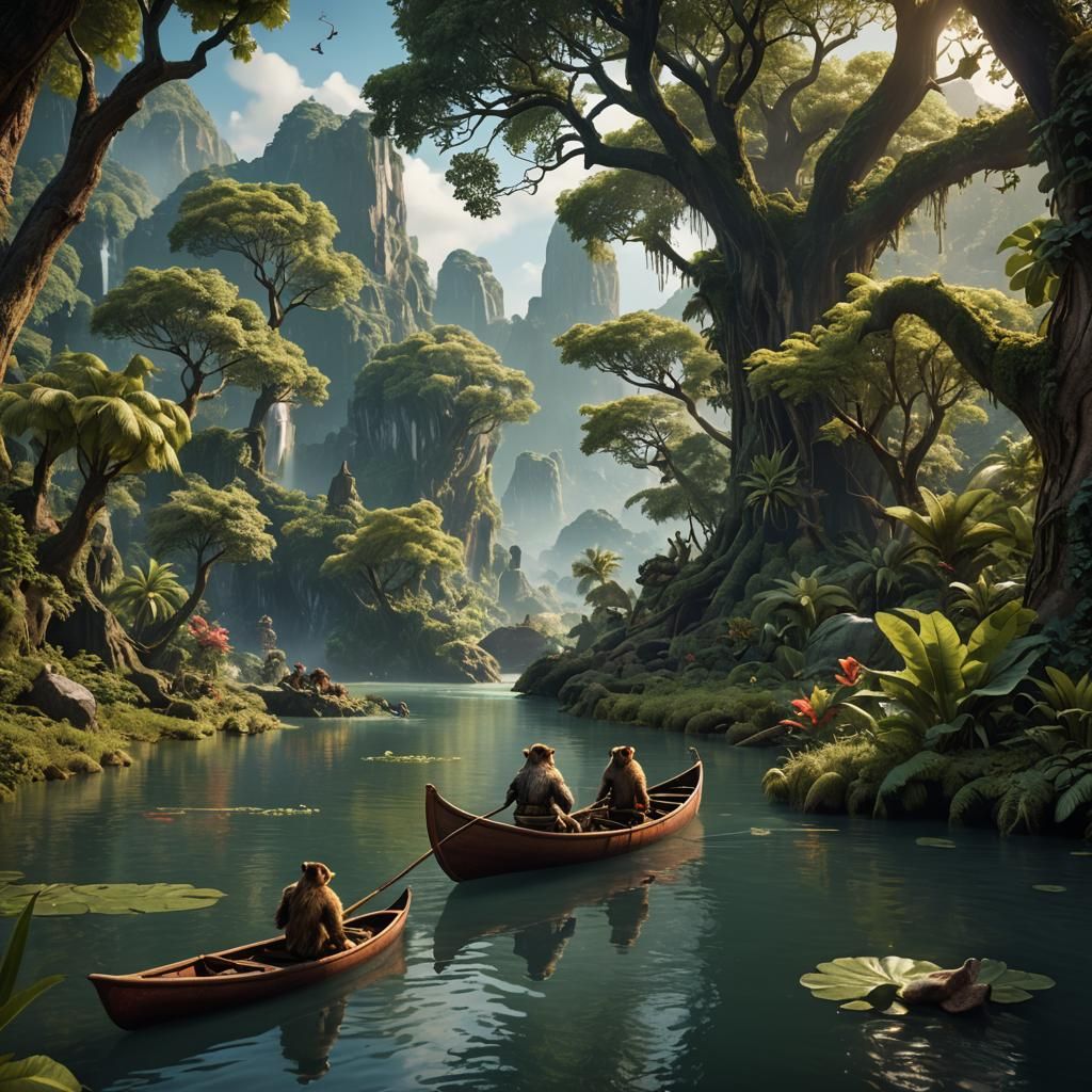 Animals Canoe River Journey: Matte Painting Style