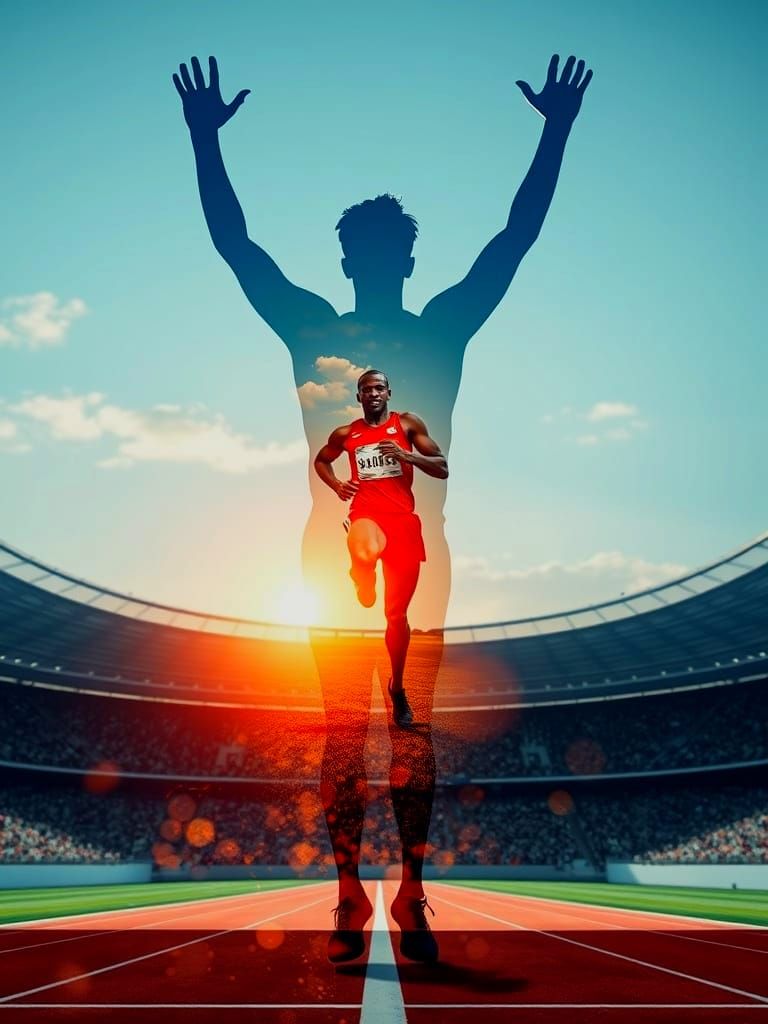Double Exposure Athlete in Stadium Glory