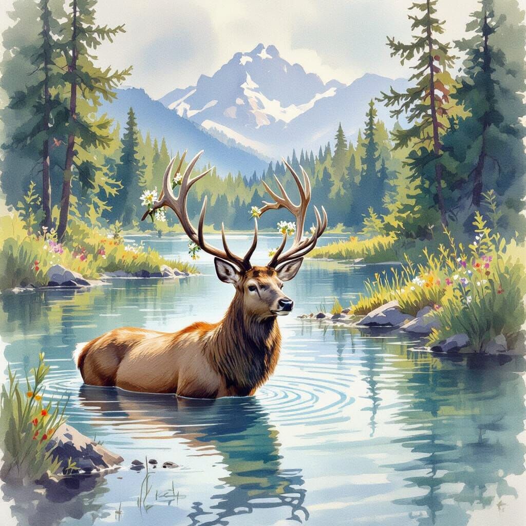Stag in Mountain Lake as Watercolor Painting