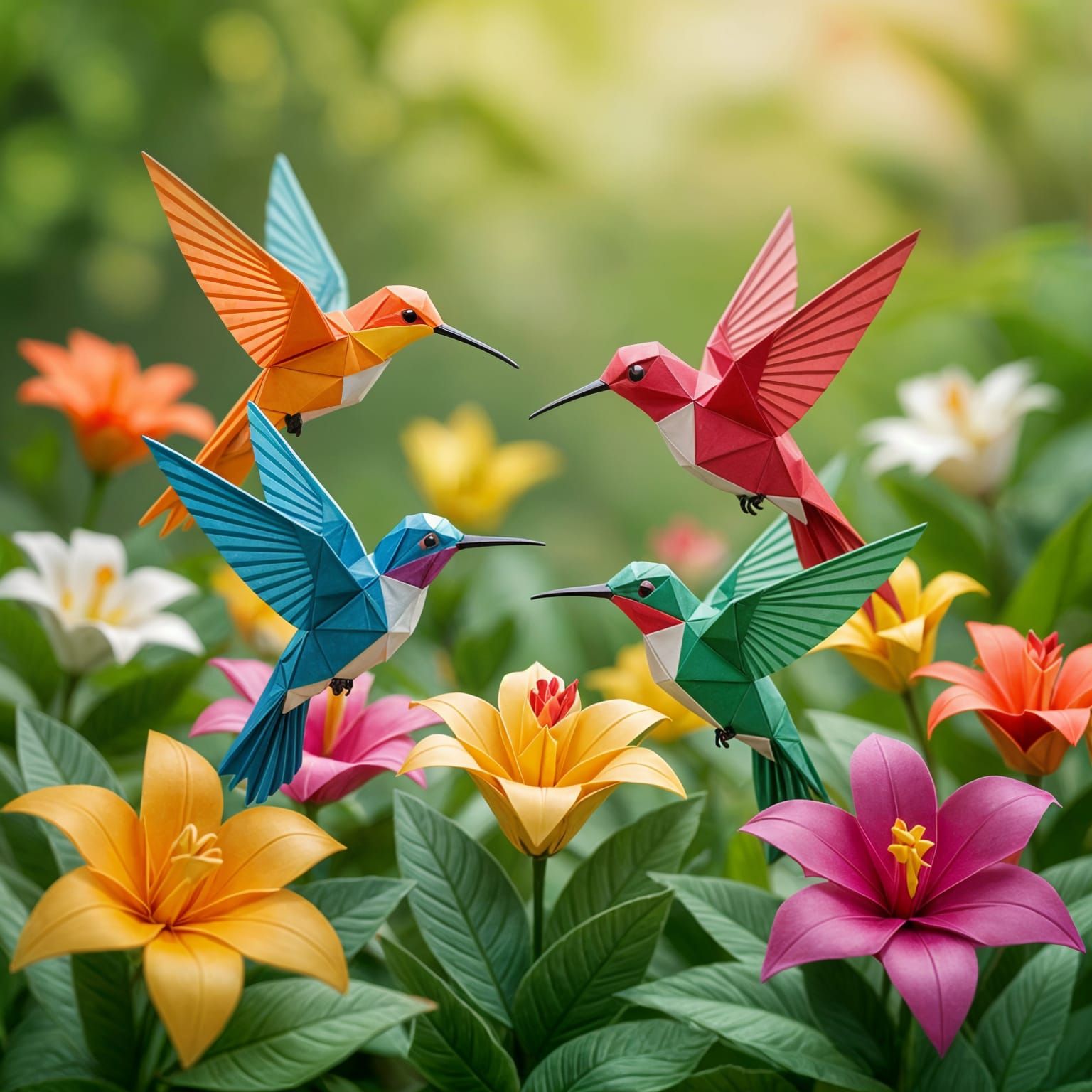 Origami Hummingbirds in a Tropical Garden