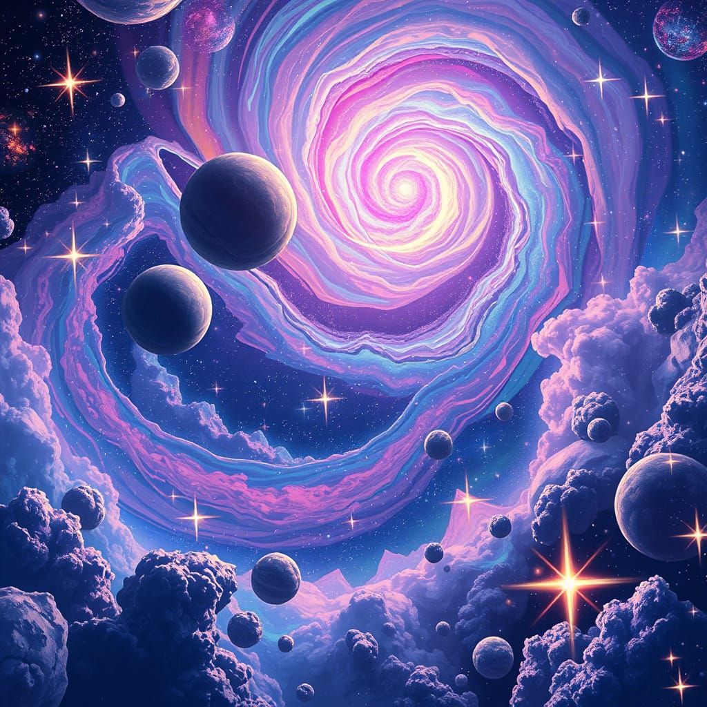 Iridescent Sci-Fi Spacescape with Galaxies and Auroras