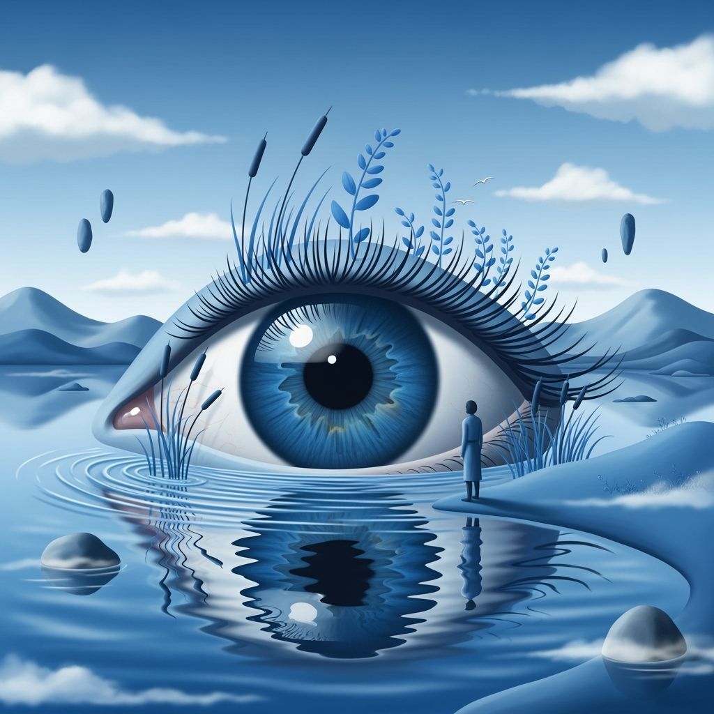 Surreal Blue Dreamscape: Giant Eye Becomes a Tranquil Lake