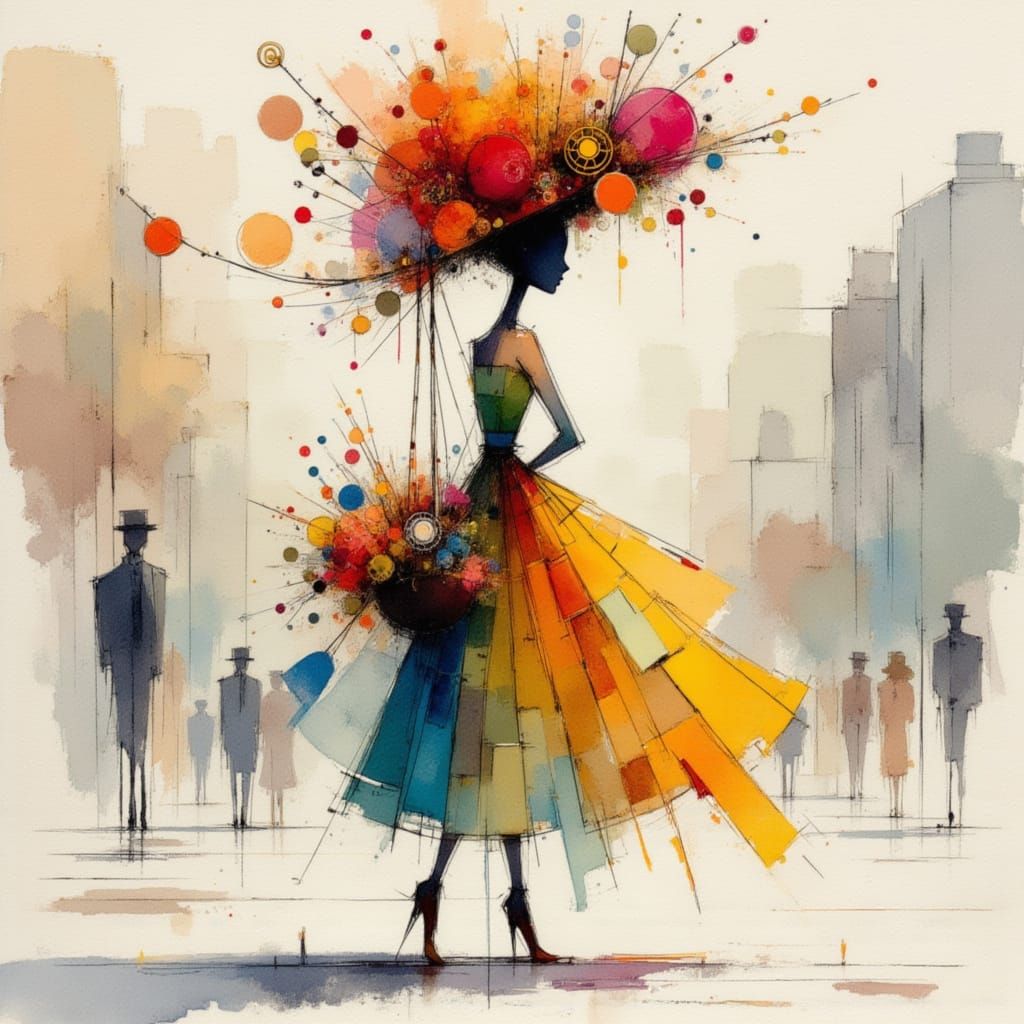 Steampunk Flower Seller in London: Pen and Ink Sketch