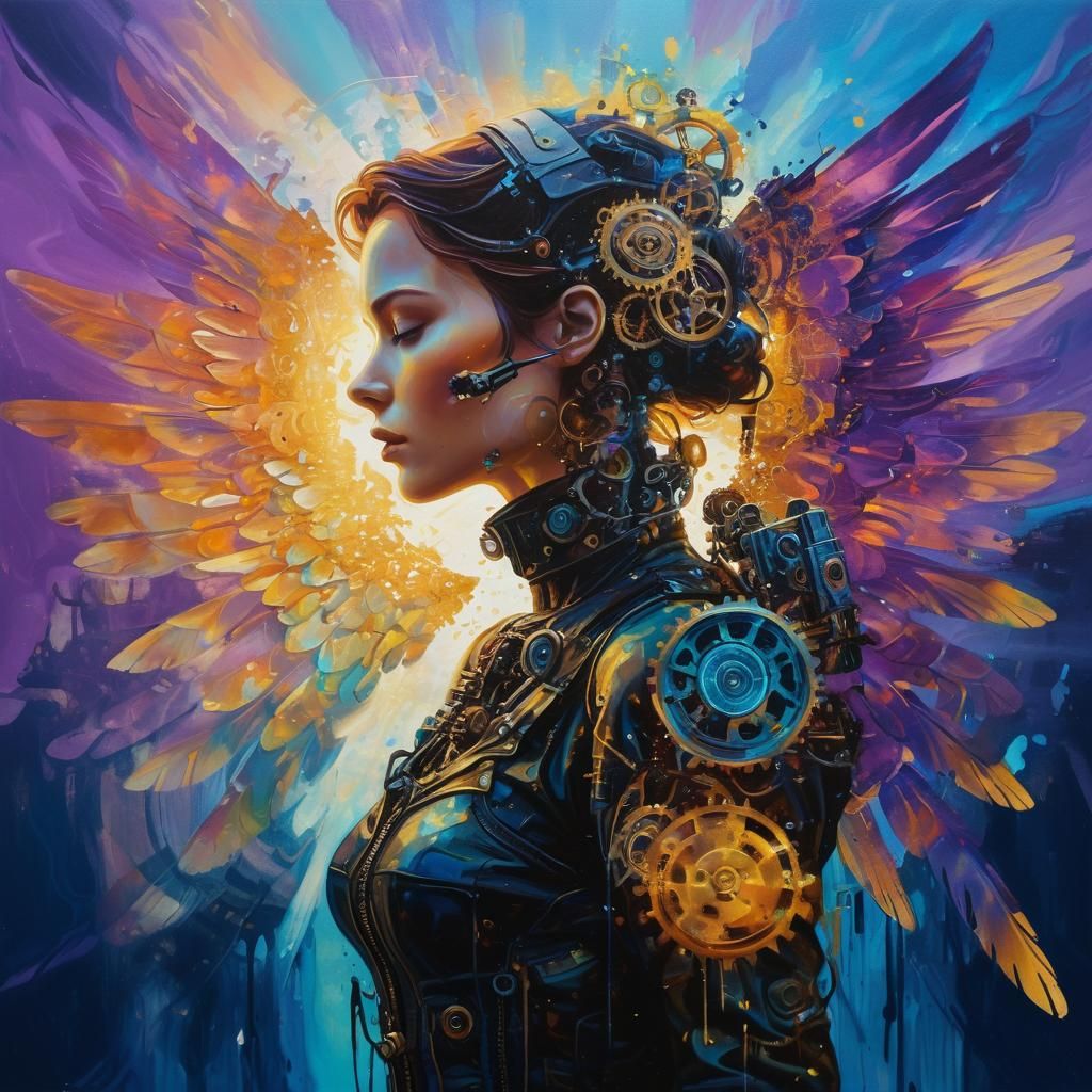 Steampunk Angel Soaring in Surreal Double Exposure