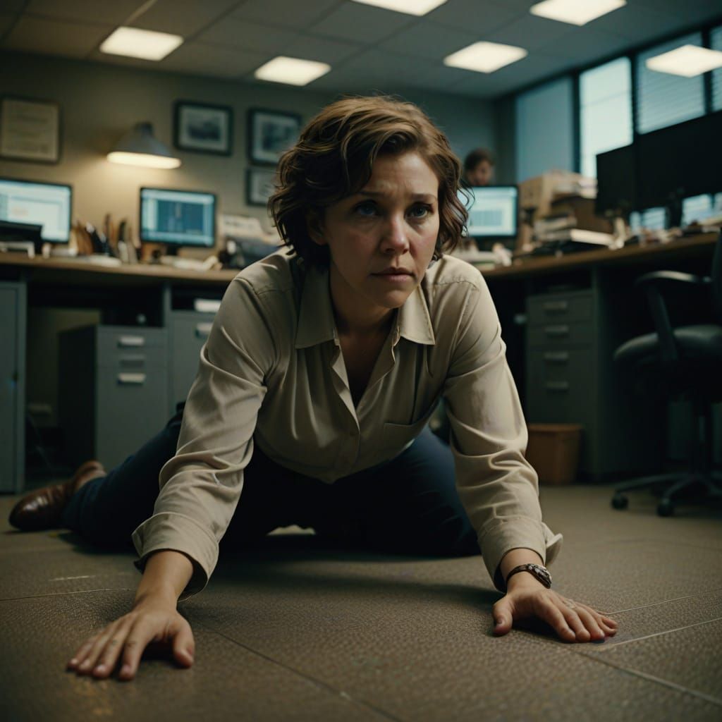 Maggie Gyllenhaal in Moody Office Scene, 35mm Film Grain