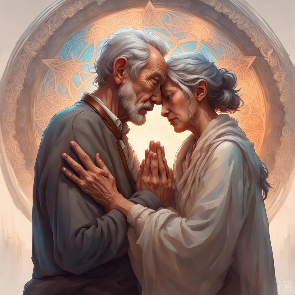 Elderly Couple Praying: Detailed Digital Art Portrait