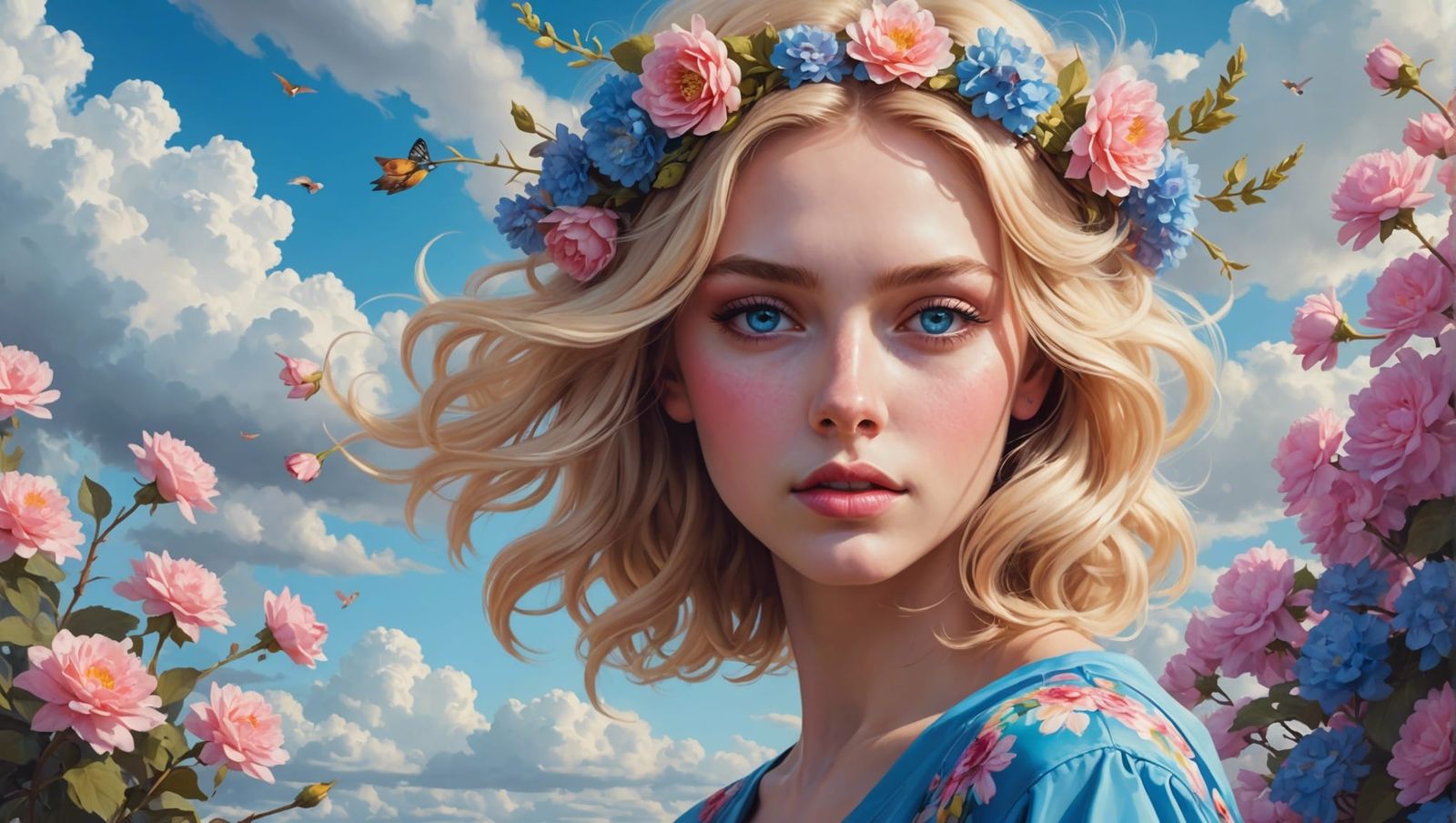 Surreal Urban Art Portrait: Blonde Girl with Flowers
