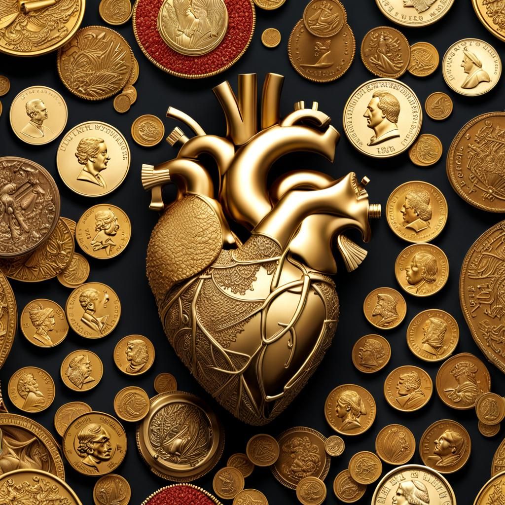 HUMAN HEART MADE OF small gold coins