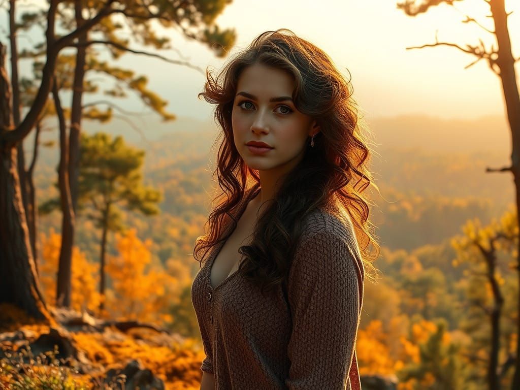 Woman Standing in a Dreamy Forest Landscape