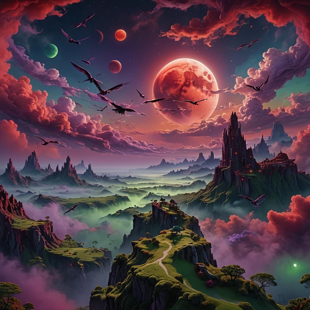 Surreal Red Moon with Flying Owls, Digital Matte Painting