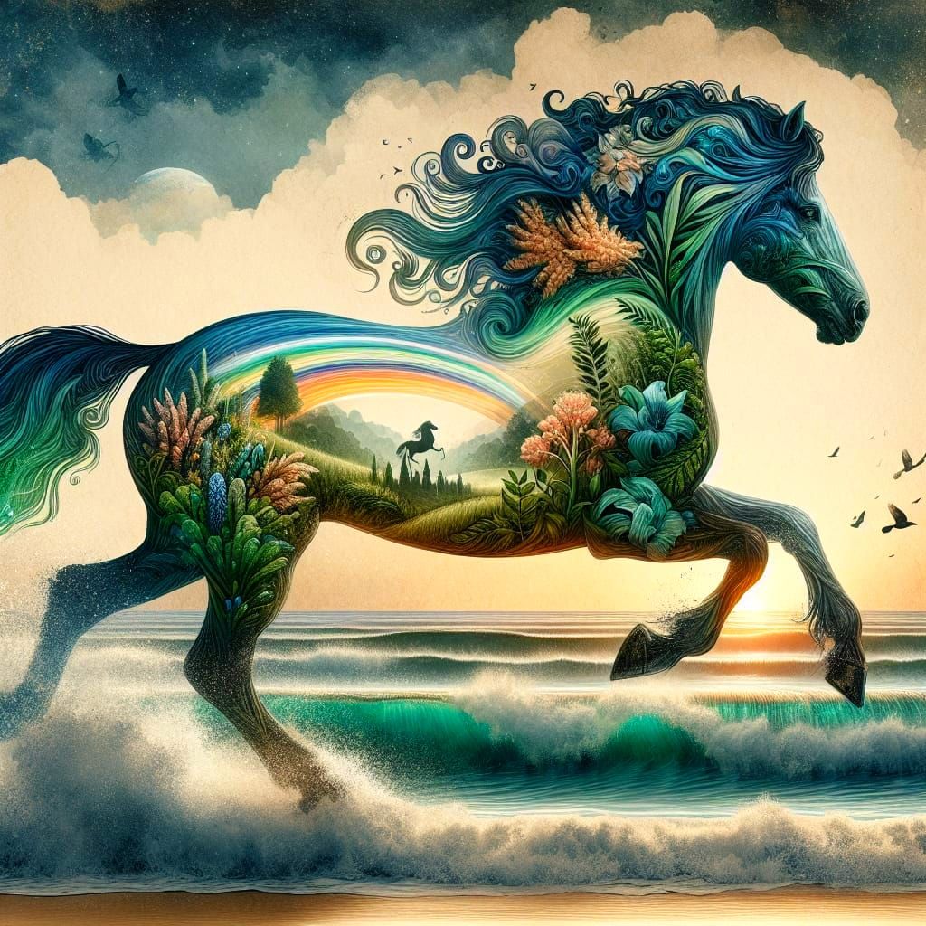 Ethereal Stallion Gallops Across Shimmering Seascape