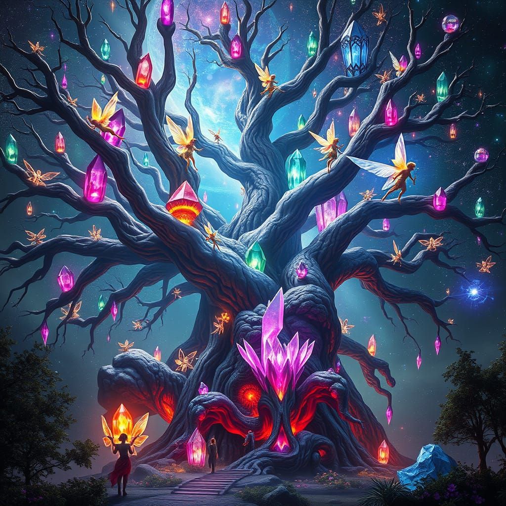 Cosmic Tree with Dancing Faeries in Vibrant Colors