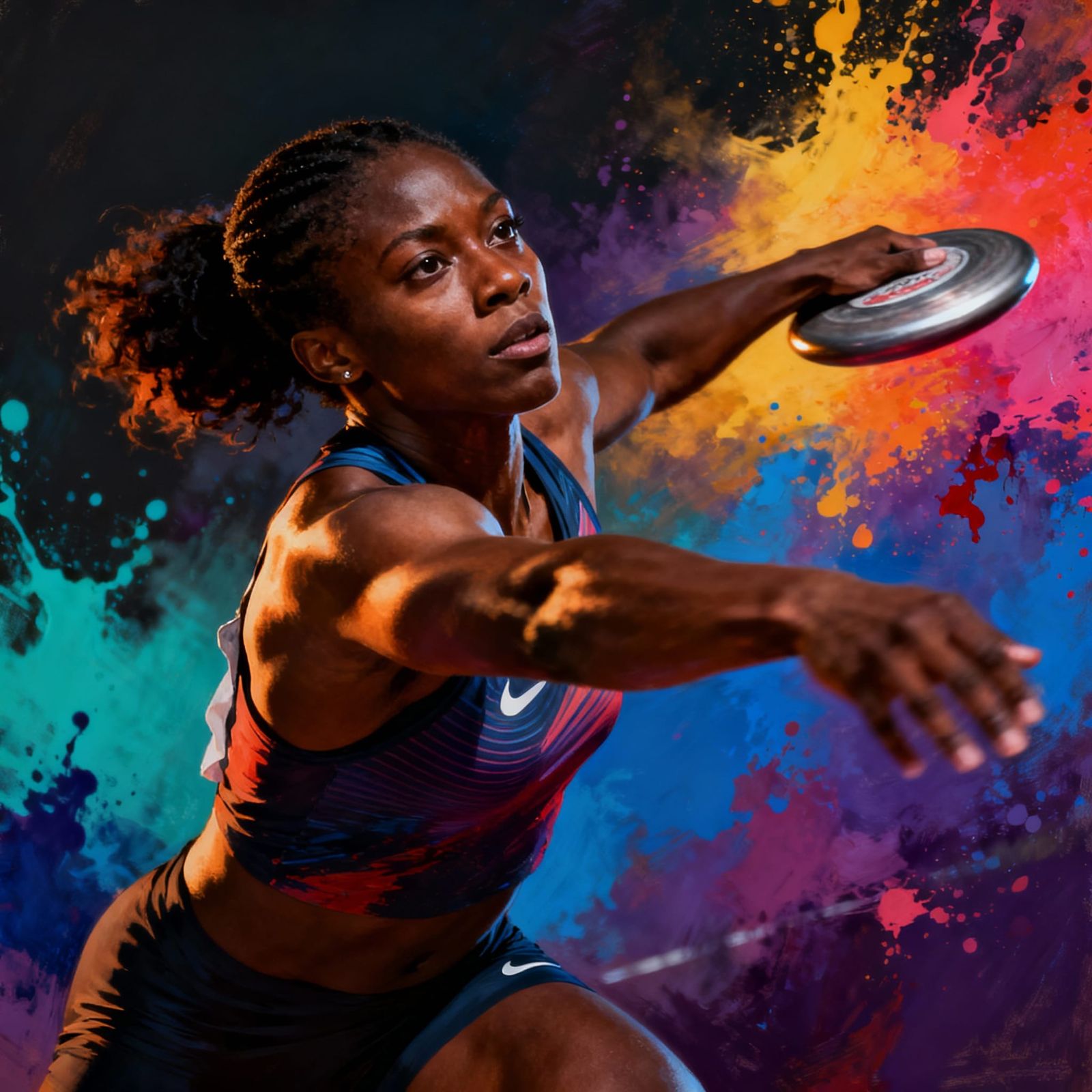 Black Female Discuss Thrower in Hyperrealistic Splash Art