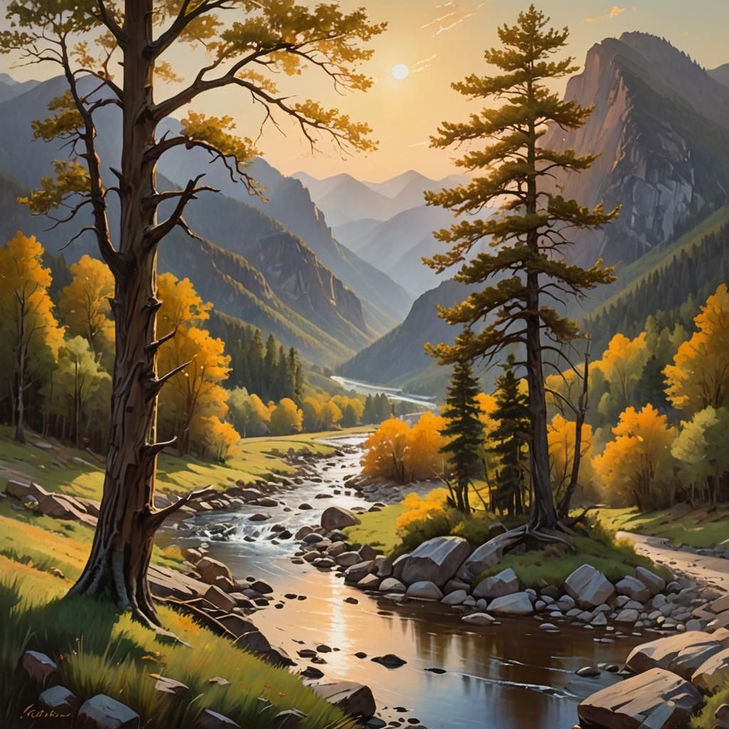 Serene Mountain Landscape Oil Painting at Golden Hour