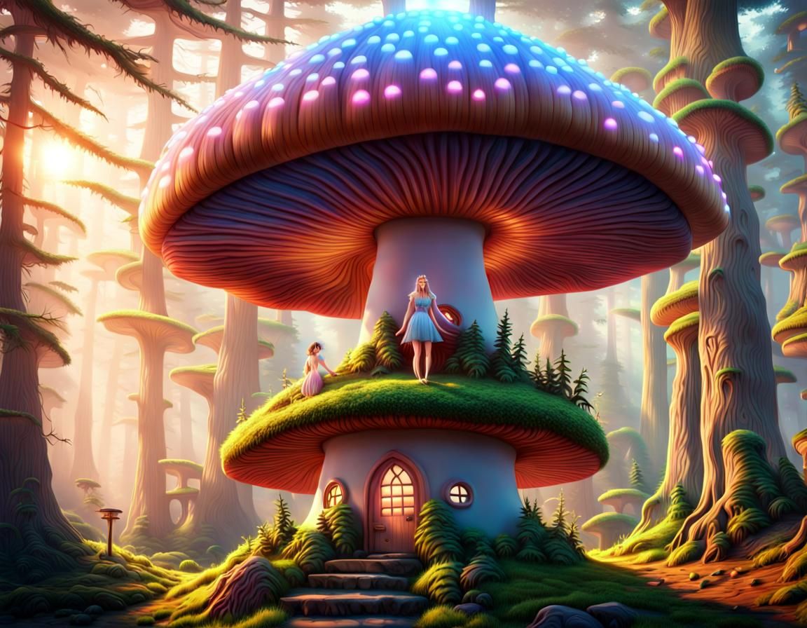 Fairy Princess on Mushroom House, Hyperrealistic 8K