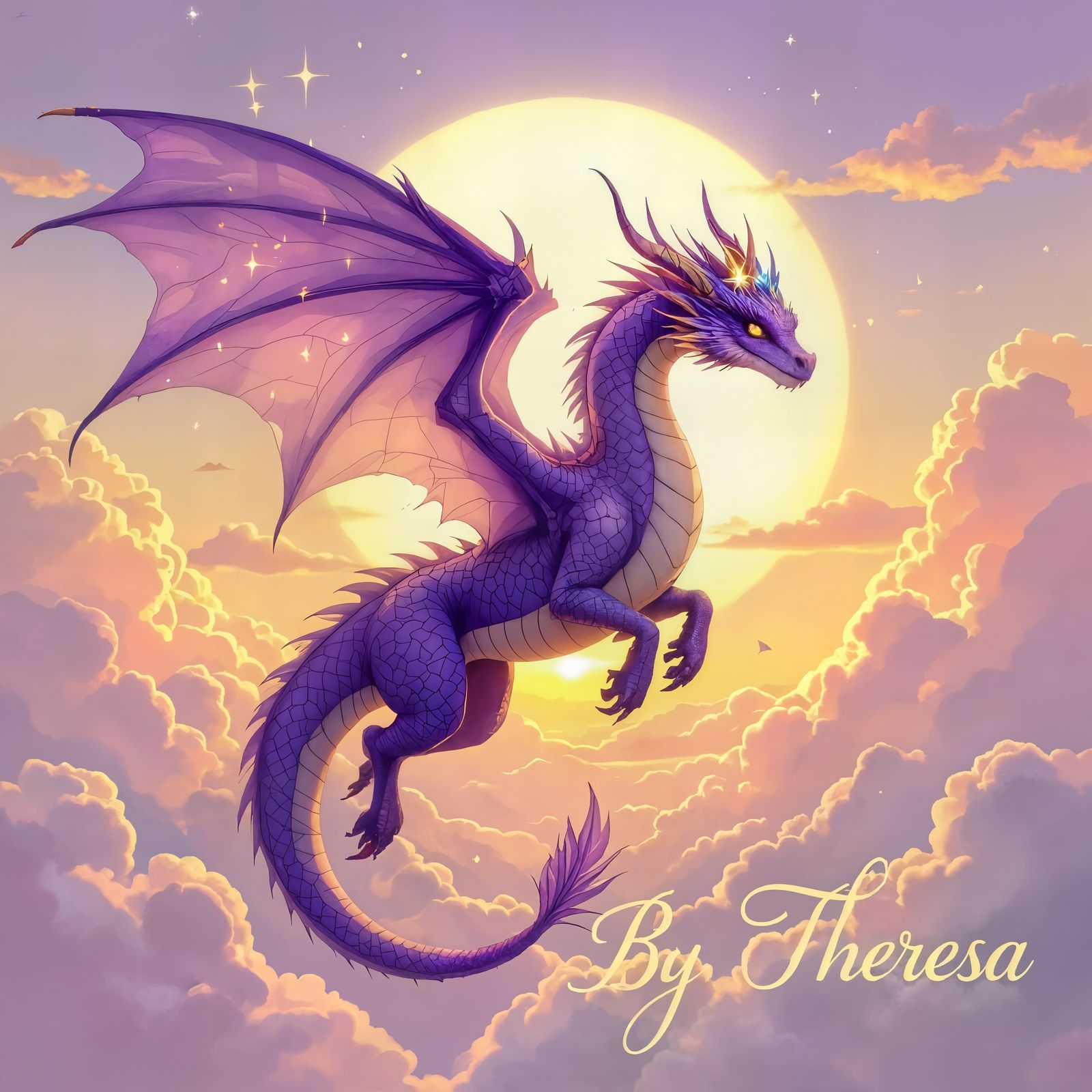 Amethyst Dragon Soaring Through Lavender Sky