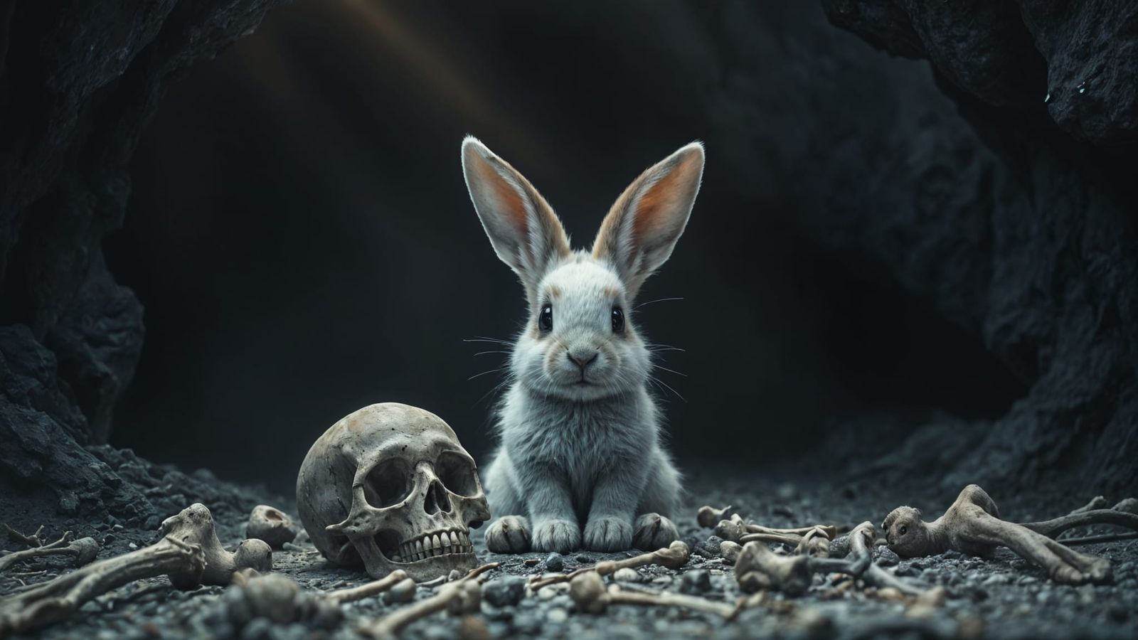Whimsical Bunny Guards Ancient Cave