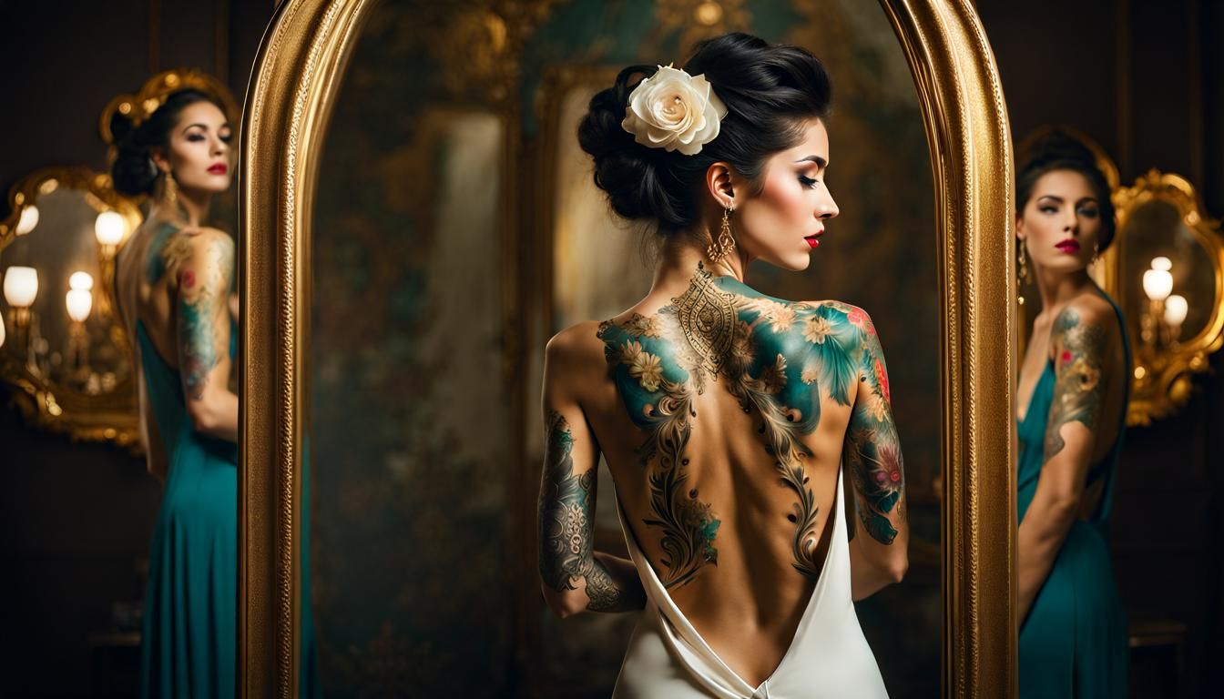 Elegant Woman with Intricate Tattoos in Ethereal Style