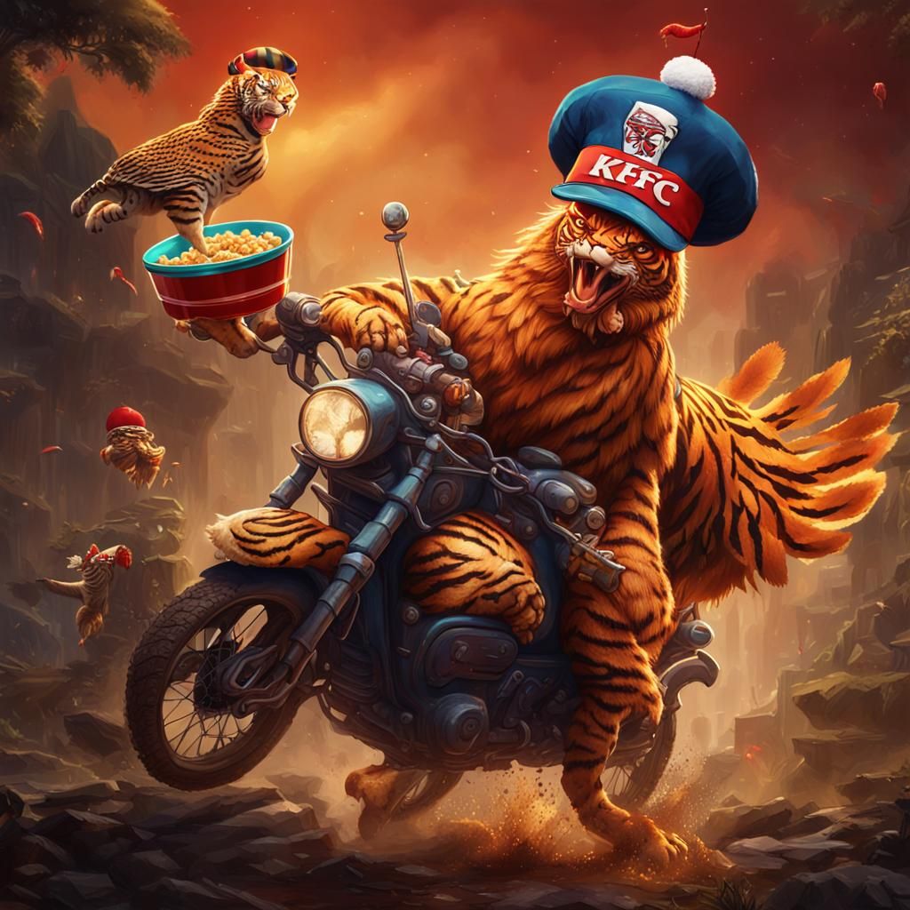 Evil Chicken Rides Tiger: Detailed Matte Painting