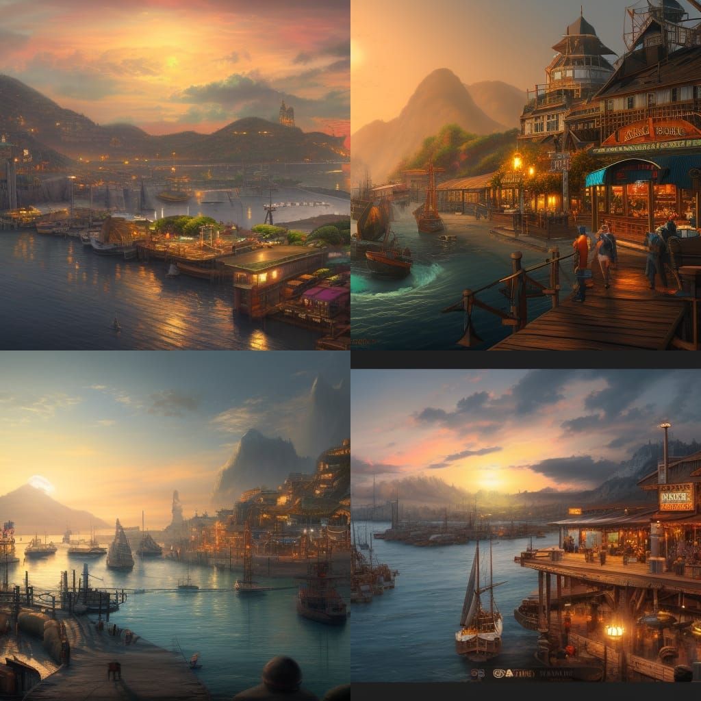 Sunset Port Town Harbor Market in Detailed Matte Painting