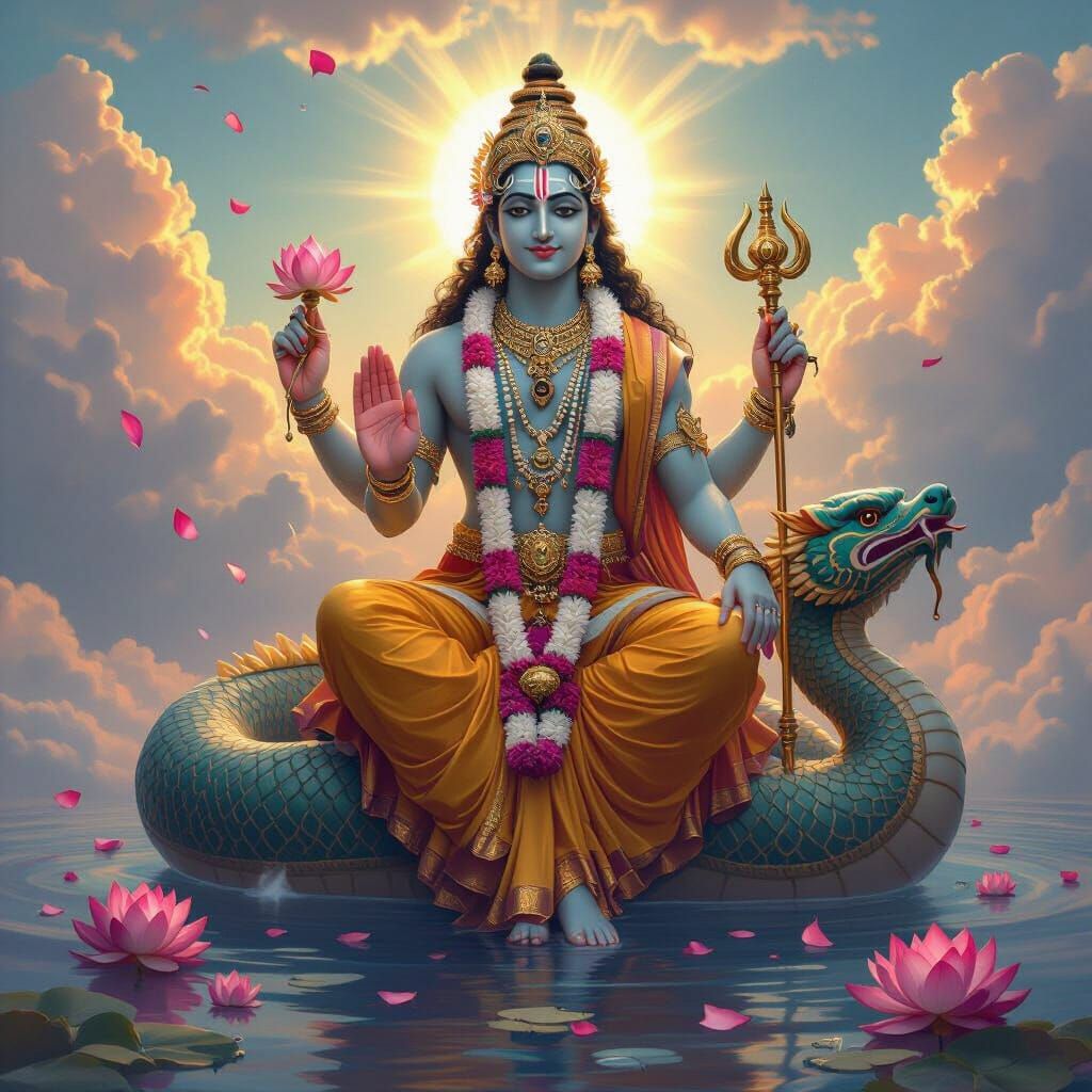 Divine Lord Vishnu on Sheshnag in Digital Painting Style