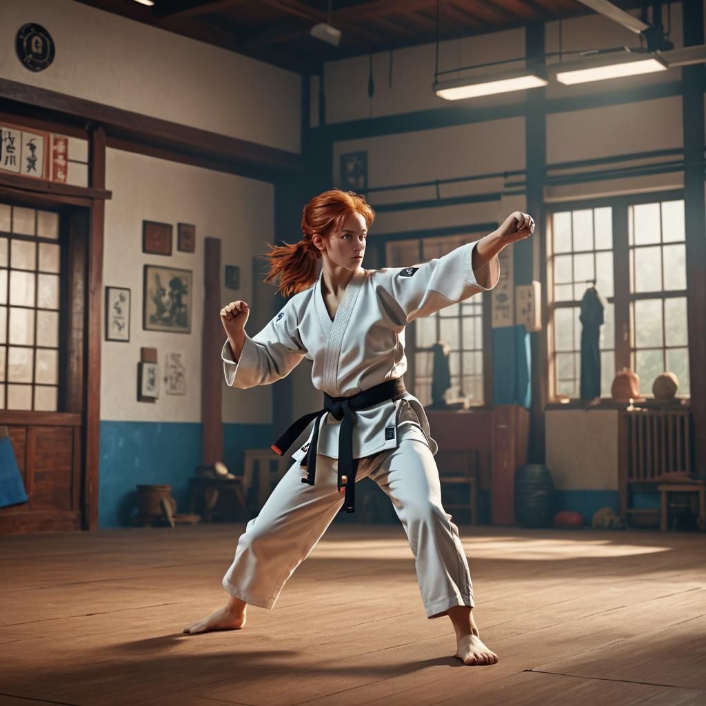 Female Karate Student Practicing Kick, Digital Art