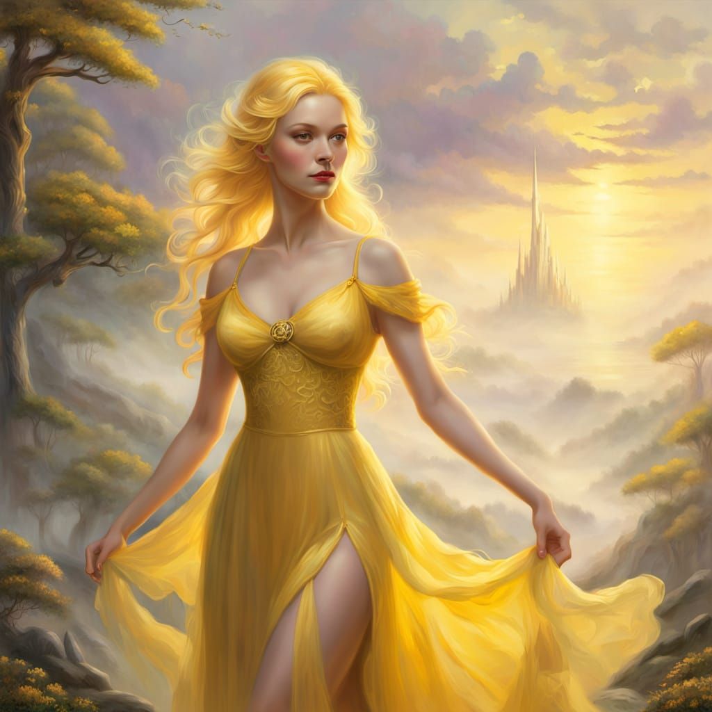 Ethereal Woman in Yellow Dress, Misty Landscape