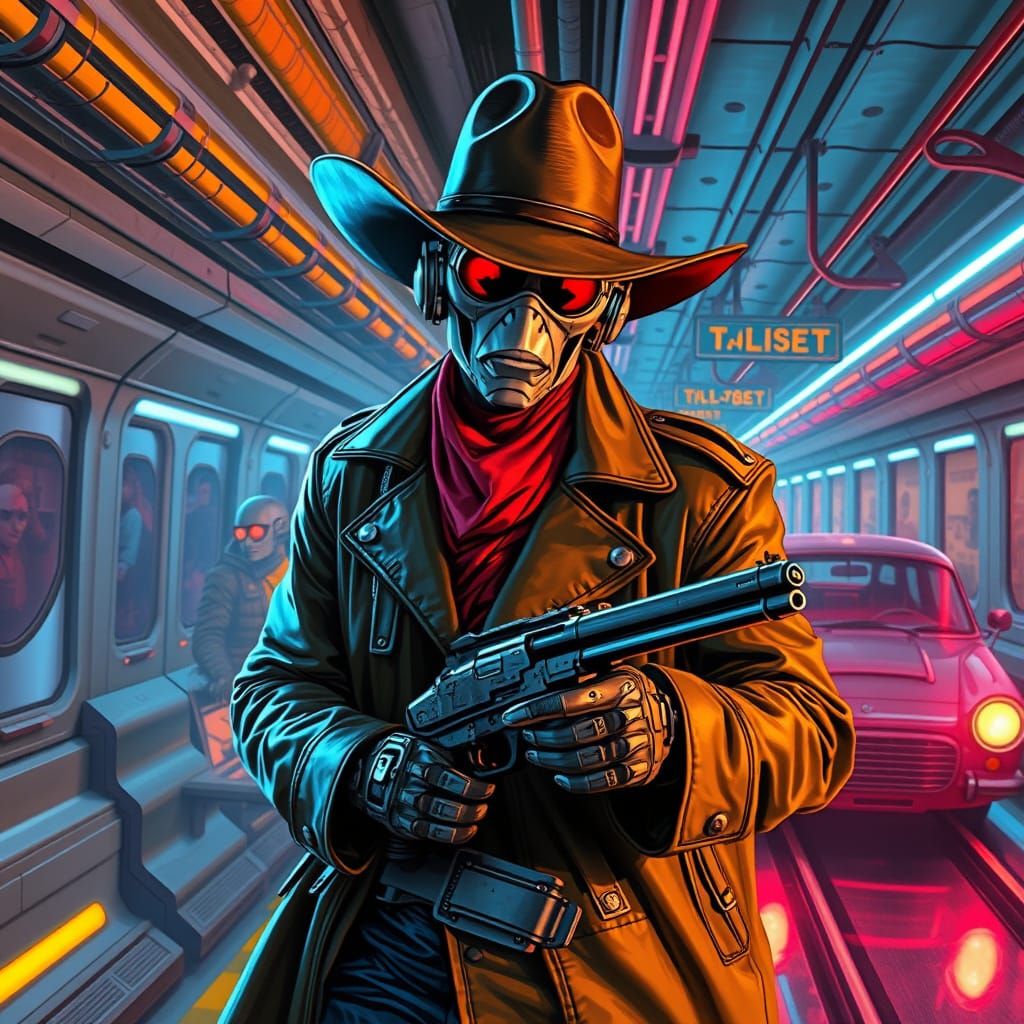 Cyborg Cowboy Robs Space Train: Digital Art