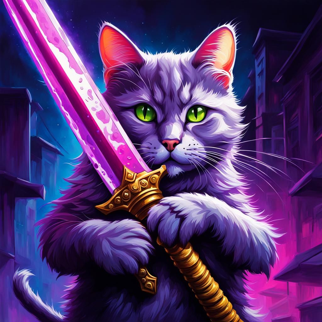 Cat with Glowing Sword in Graffiti Art Style
