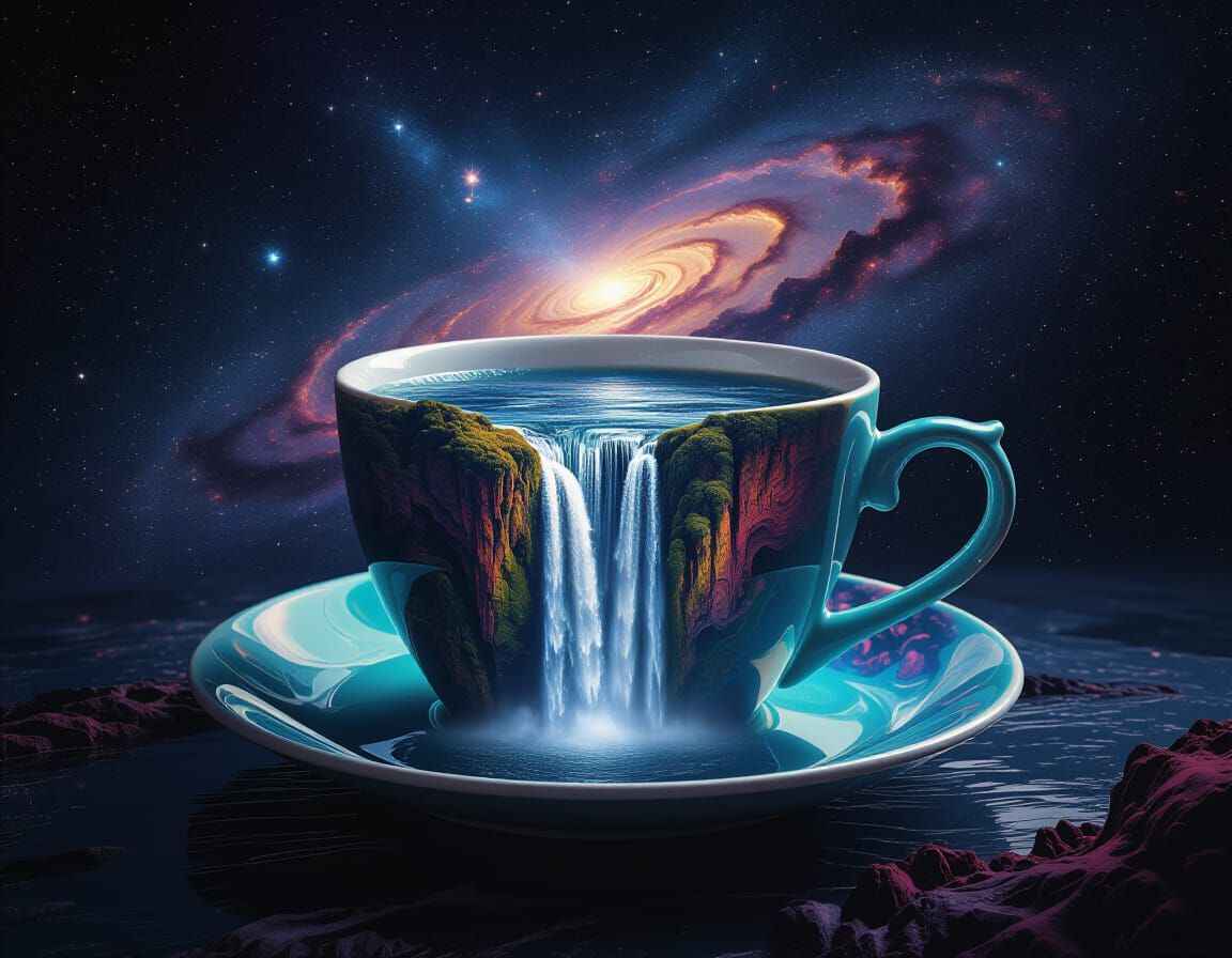Surreal Spatial Waterfall in Teacup: A Dreamlike Vision