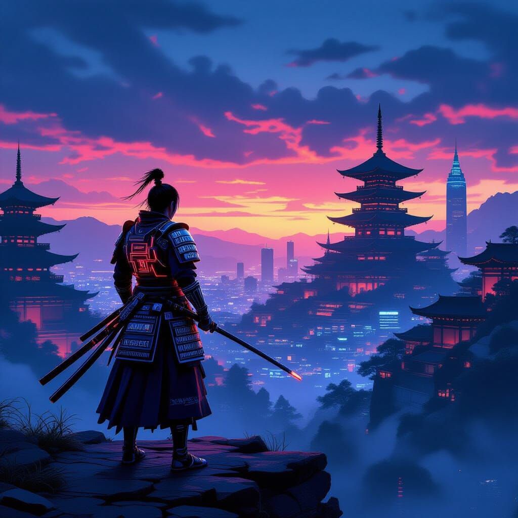 Samurai Over Cyberpunk City at Dusk in Gritty Style