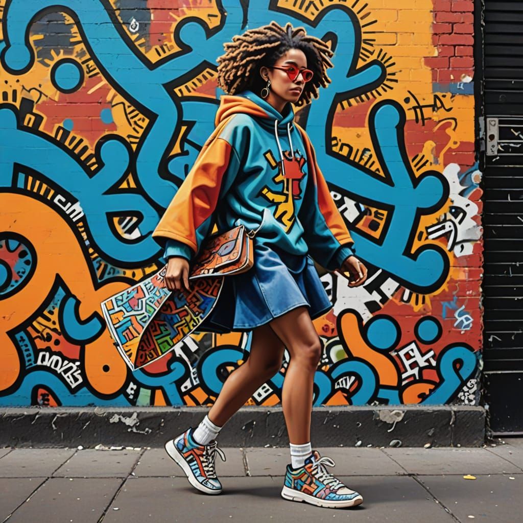Vibrant City Street Musician in Graffiti Art Style