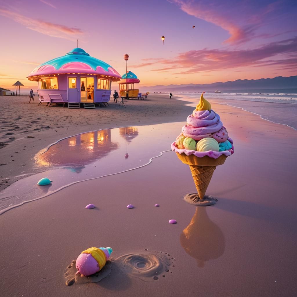 UFO Ice Cream Delivery: Surrealist Beach Scene