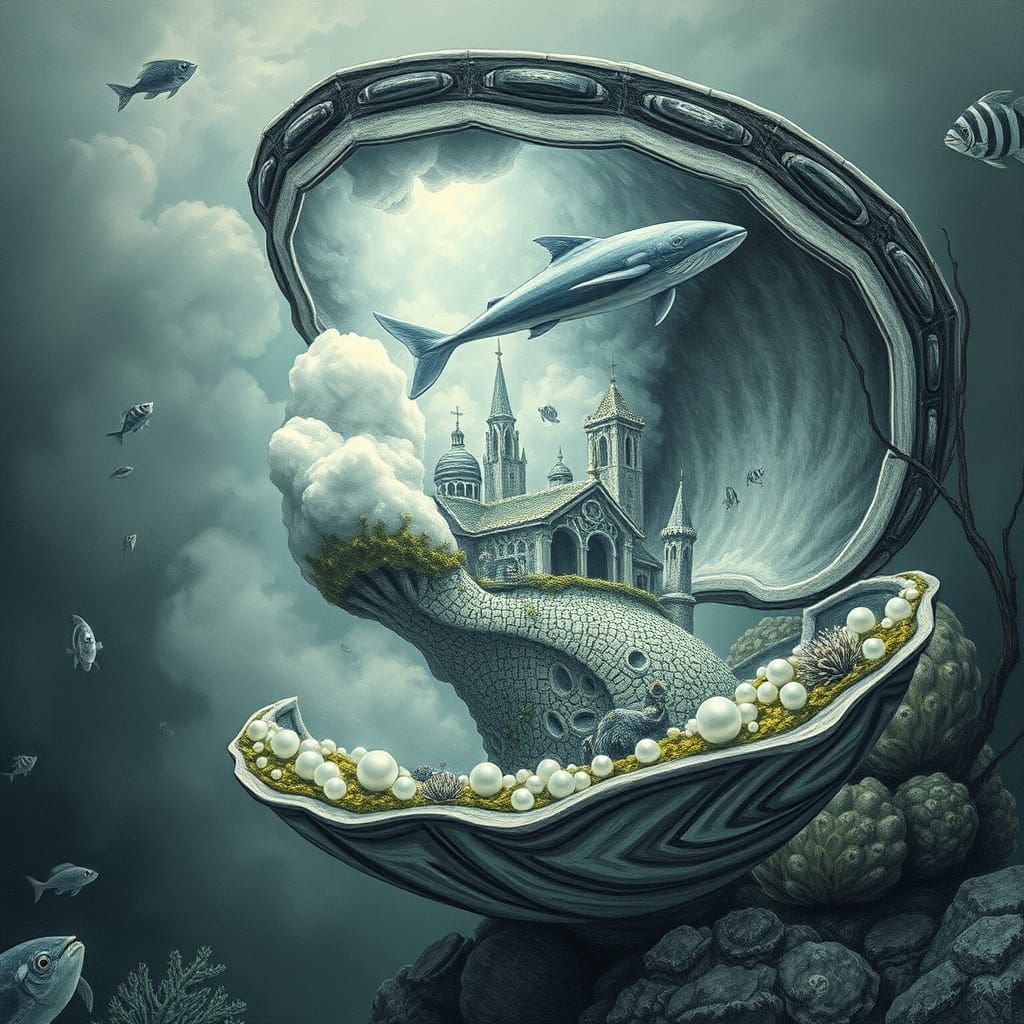 Underwater Pearl City in Charcoal Drawing Style