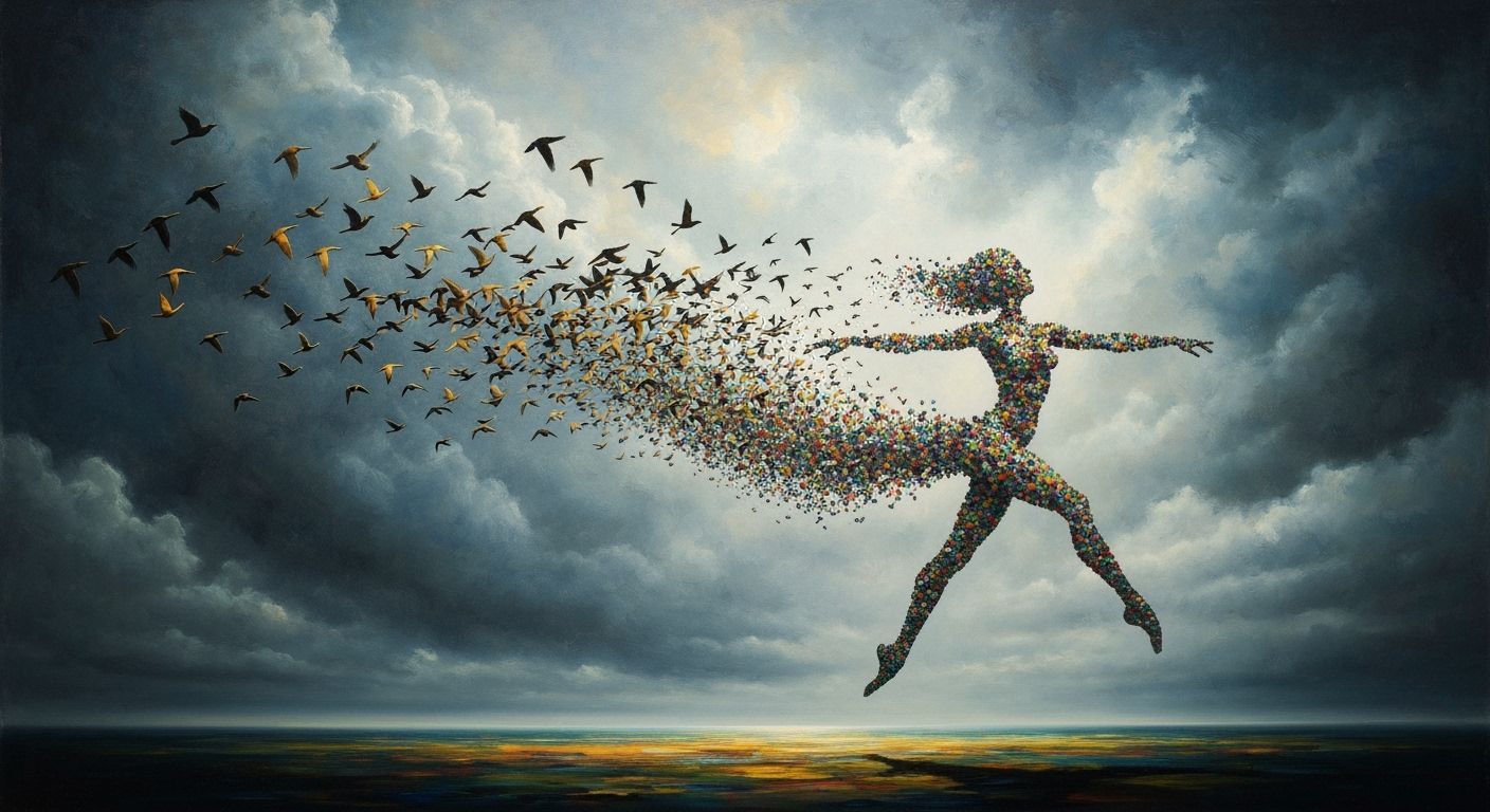 Surrealist Dancer Formed by Abstract Birds in Stormy Sky