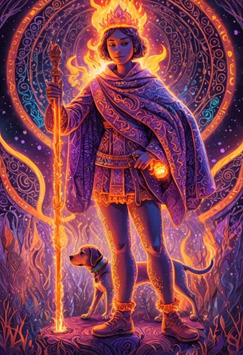 Brave Girl with Staff Beside Flaming Altar