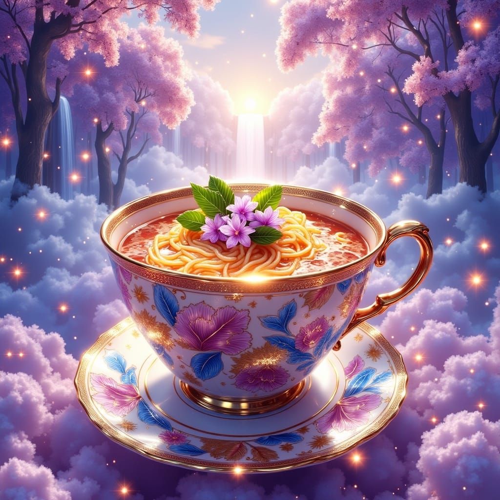 Surreal Fantasy Ramen Bowl Blossoms from Vibrant Teacup in H...