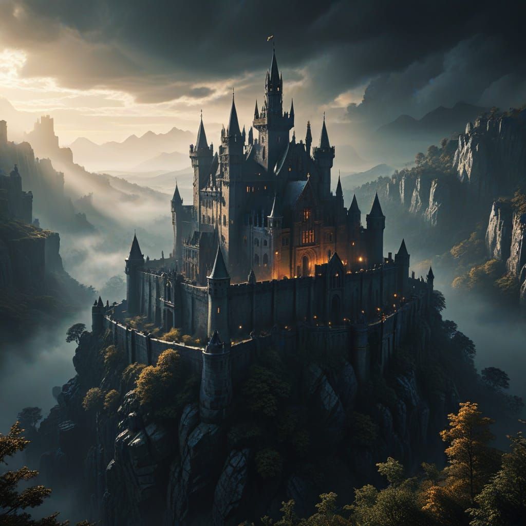 Epic Medieval Castle Perched atop a Rugged Cliff in a Dark F...