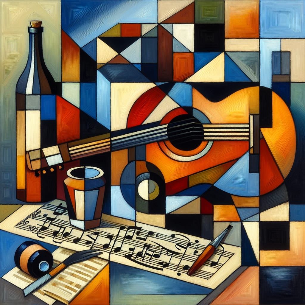 Cubist Still Life: Guitar, Bottle, and Sheet Music