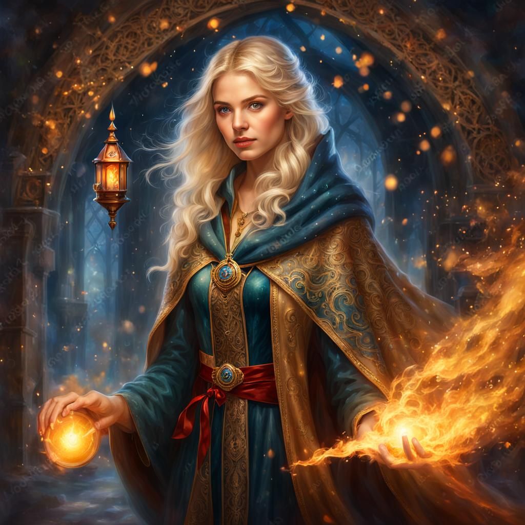 Ethereal Blonde Mage with Fire, Fantasy Art