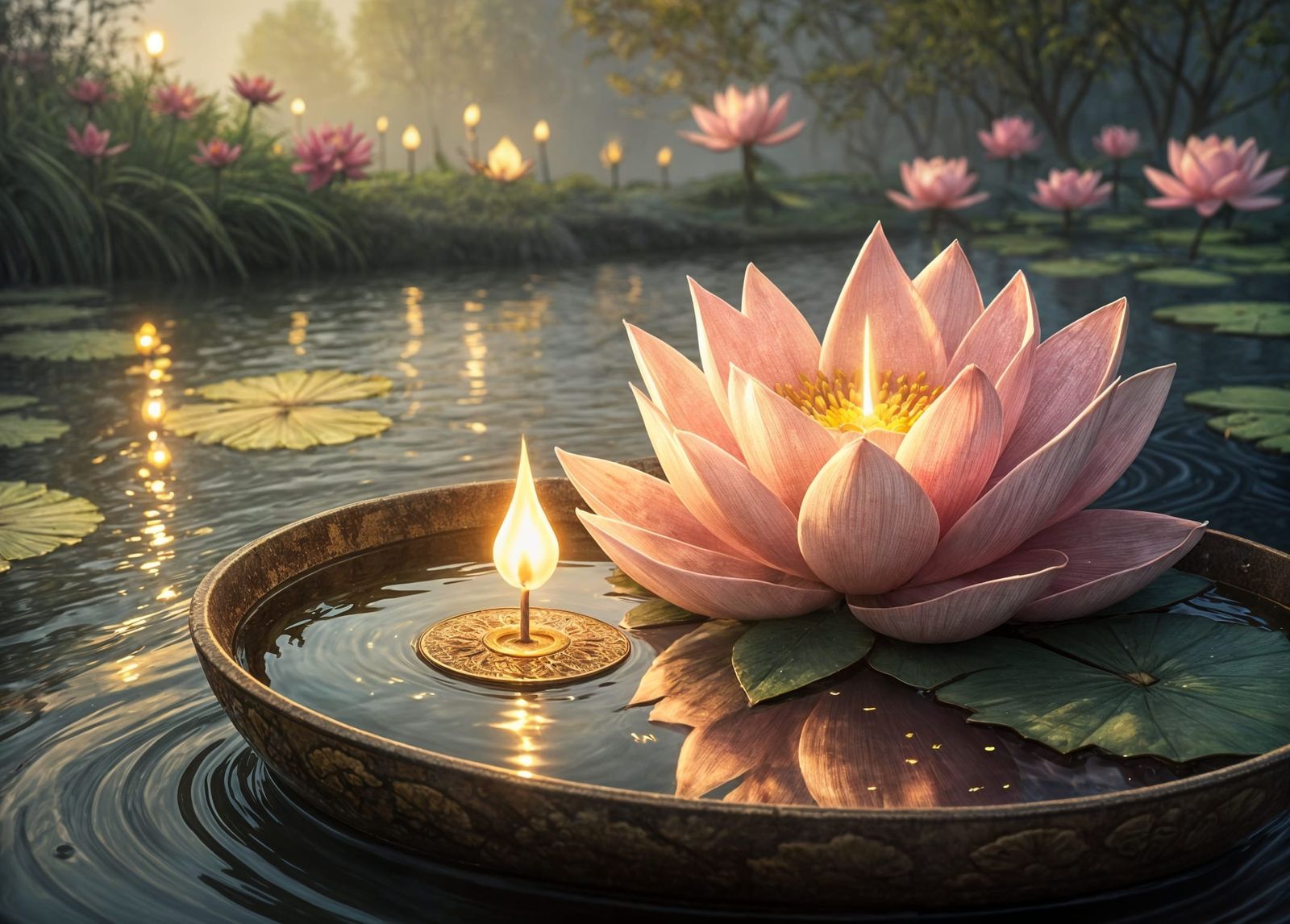 Pink Lotus Flower with Candle in Digital Artwork