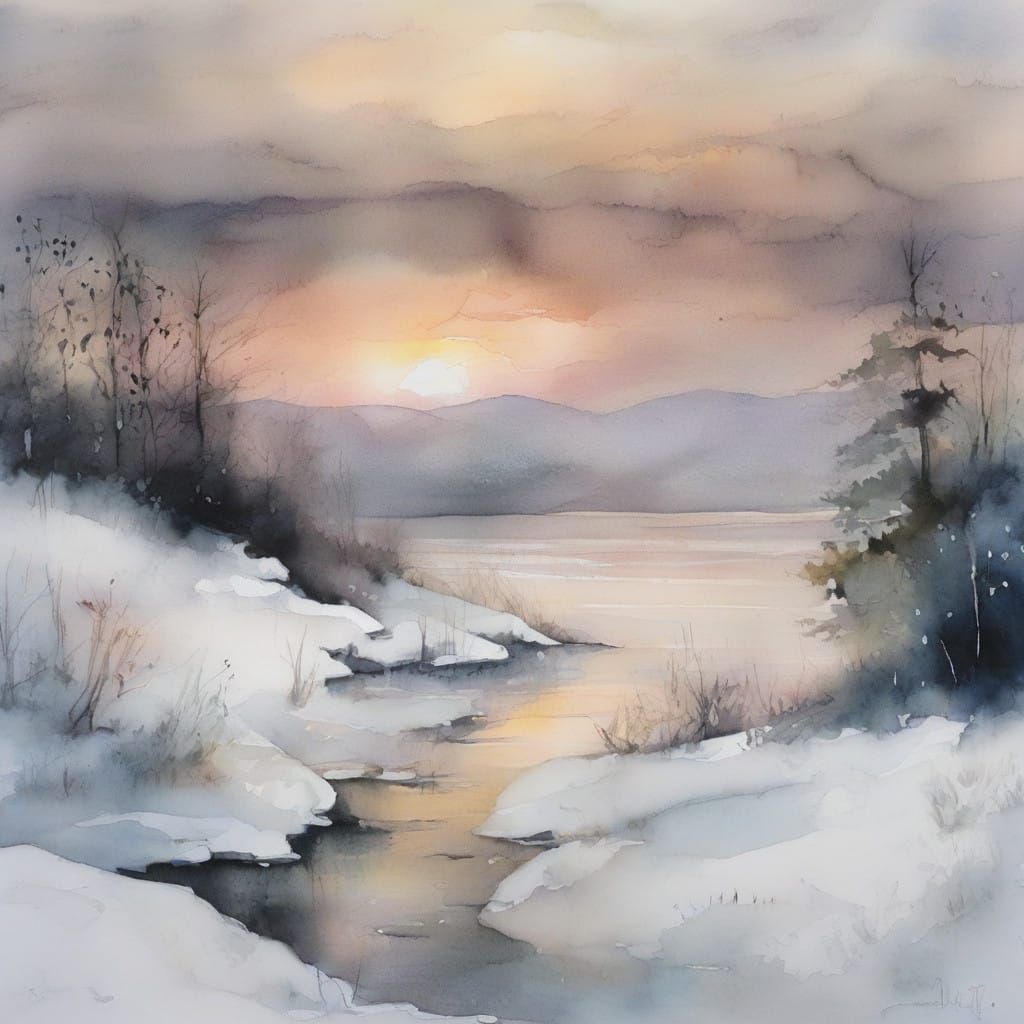 Ethereal Winter Solstice Scene in Soft Watercolour